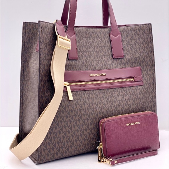 Michael Kors Kenly Large Logo Tote Shoulder Bag and Wallet Set Merlot - Picture 11 of 11